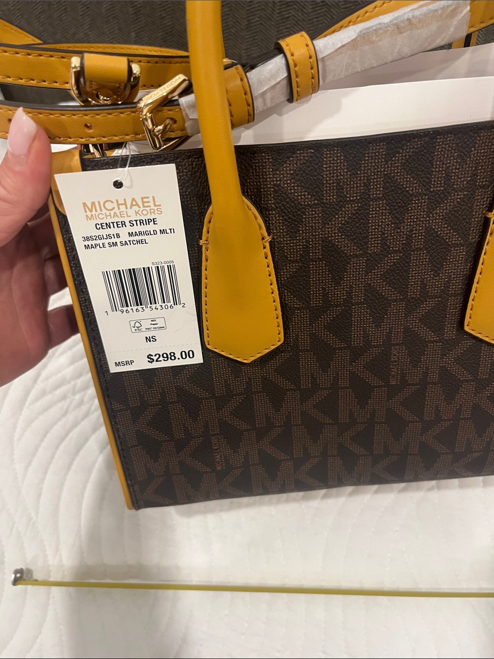 Michael Kors Brown, Mustard & Cream Stripe Logo Satchel - Picture 3 of 6